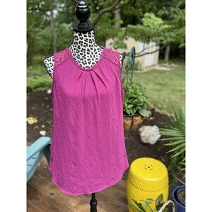 Soft Surroundings Burgundy Pleated Tank Top Size S Zip Back Sheer Shoulder GR